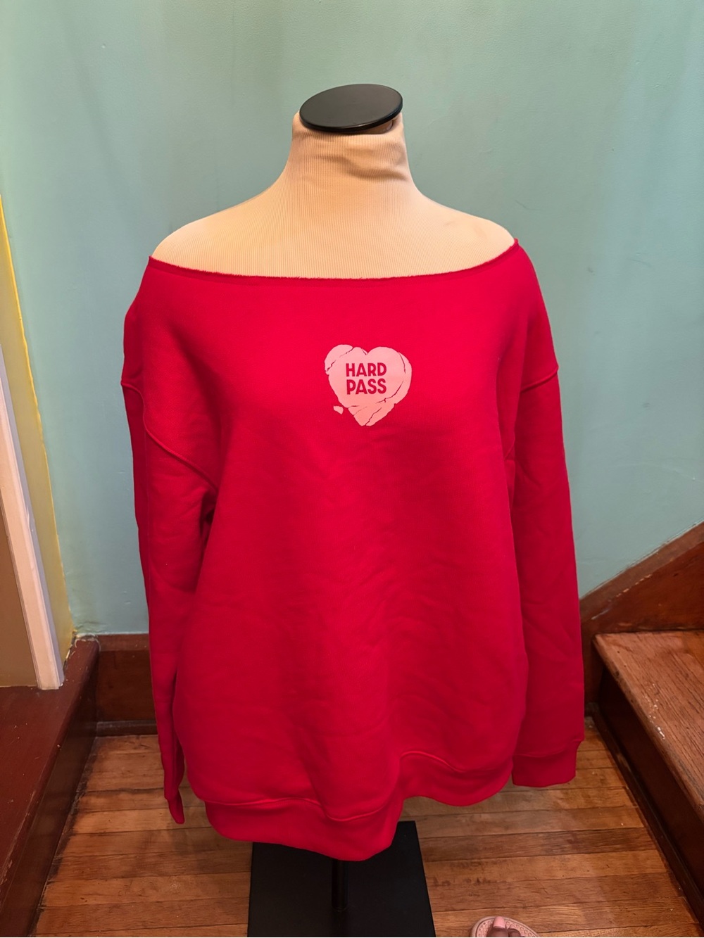 Wildfox Bright Red Off-Shoulder Sweatshirt with Heart Graphic